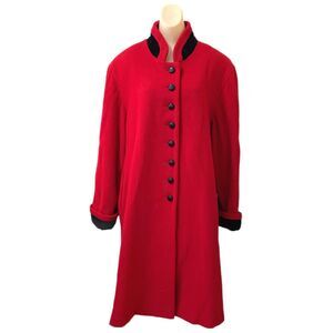 Vintage Womens Wool Midi Coat Large Red Black Velveteen Accents Old Money Winter